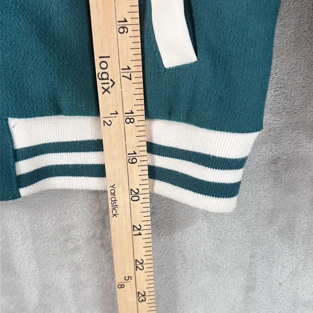 Justice Girls Varsity Bomber Jacket Size 10 Teal White Faux Leather Graphic Y2K